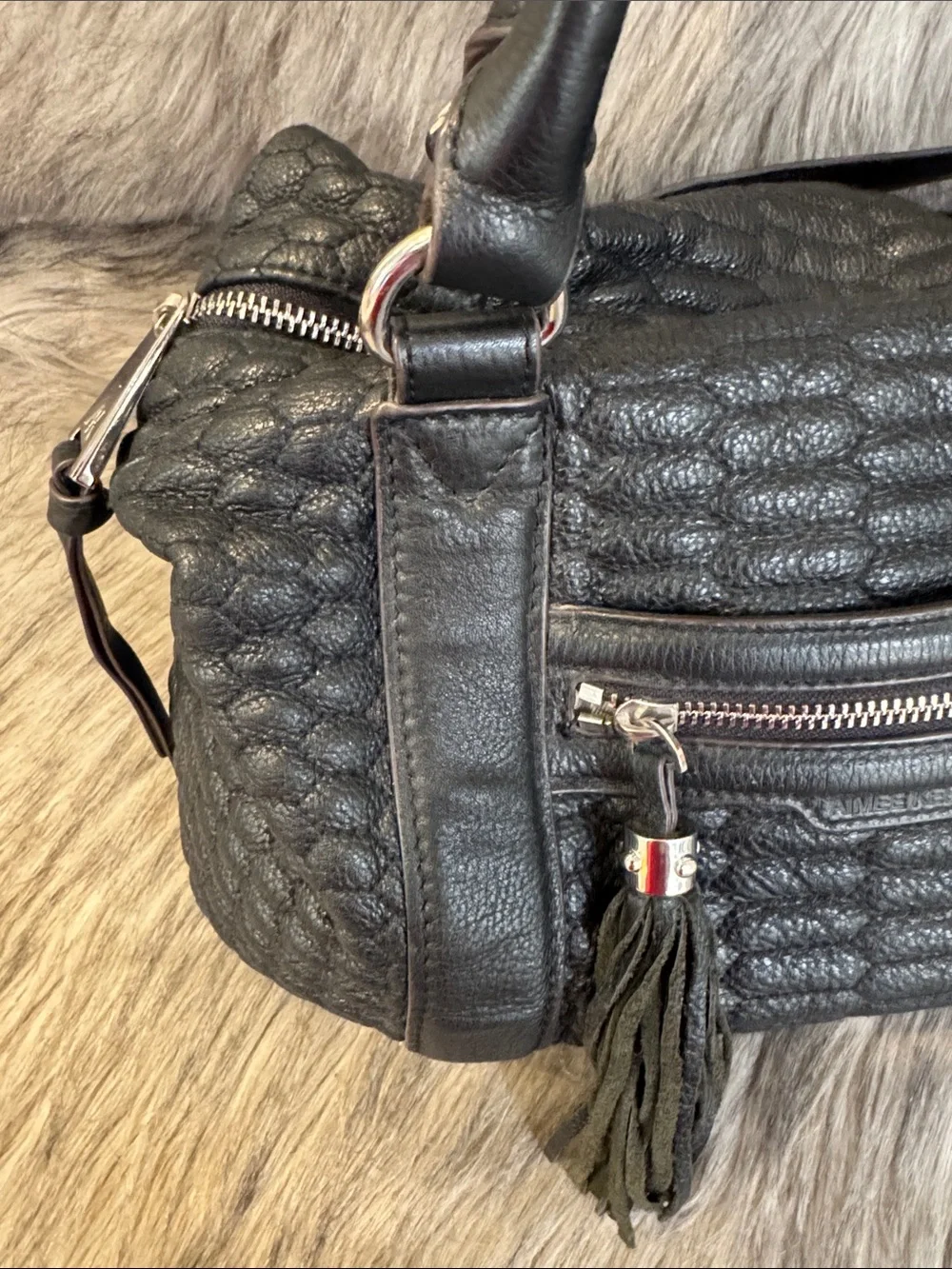 Aimee Kestenberg Women’s Black Textured Leather Satchel/Shoulder Bag with tassel